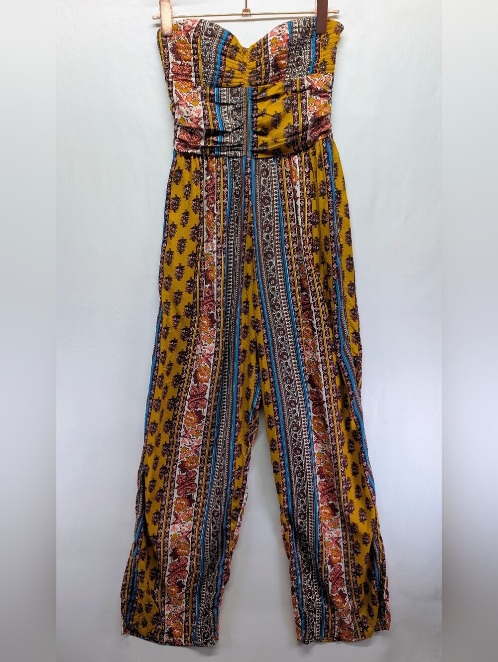 112.NWT- Strapless Bohemian Printed‎ Wide-Leg Jumpsuit - Mustard